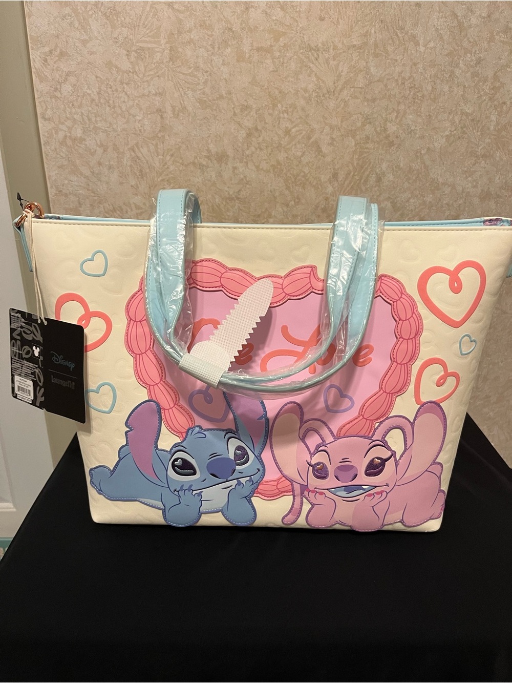 Disney Stitch & Angel Cream Tote with Pink and Light Blue Accents